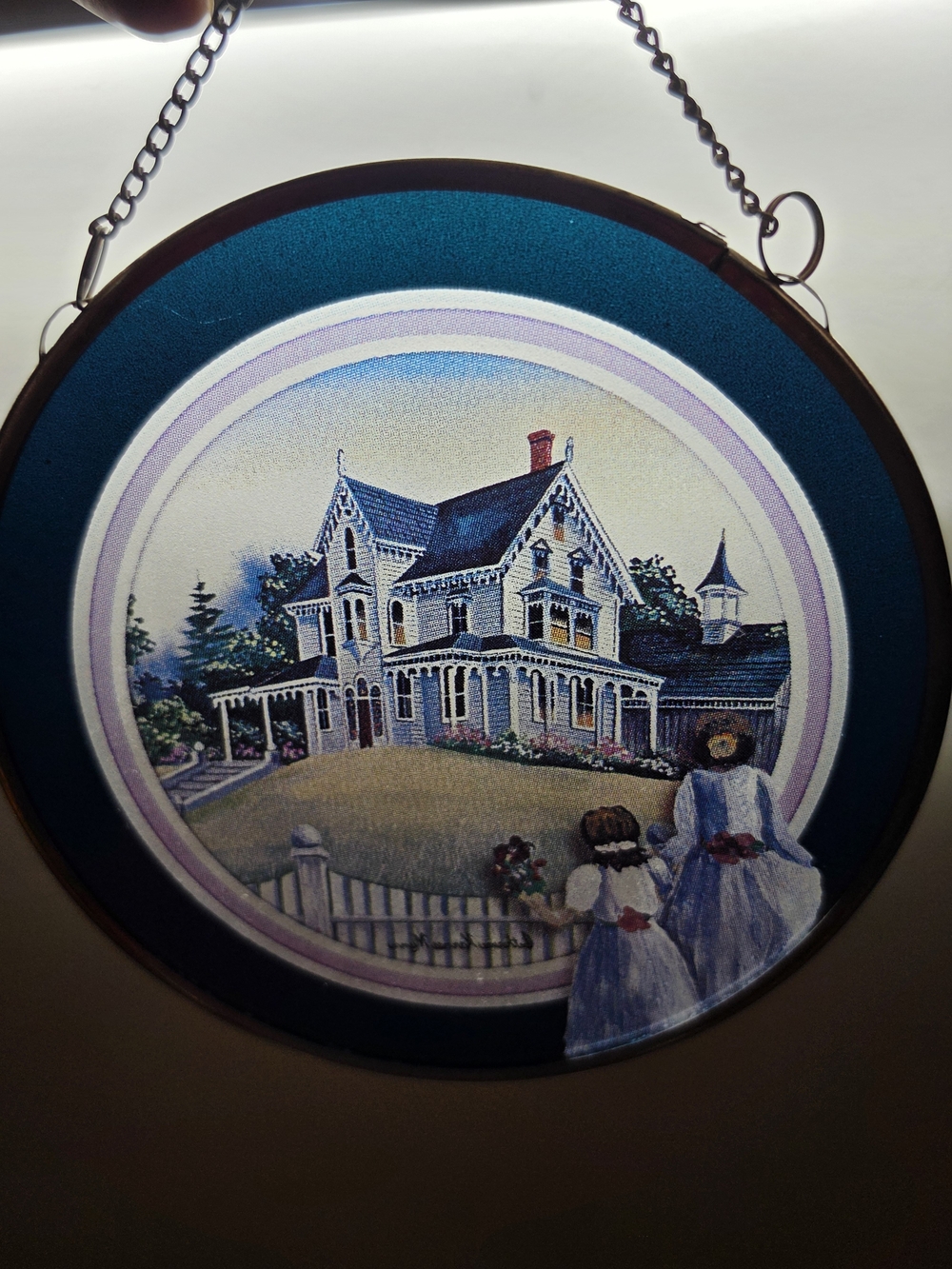 Mary Hamilton Victorian House Hanging Plaque – Round Metal Frame – 5” Vintage